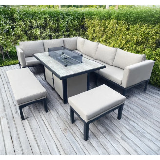 9-seater L-shaped metal garden set with rectangular fire table UK and EU stock
