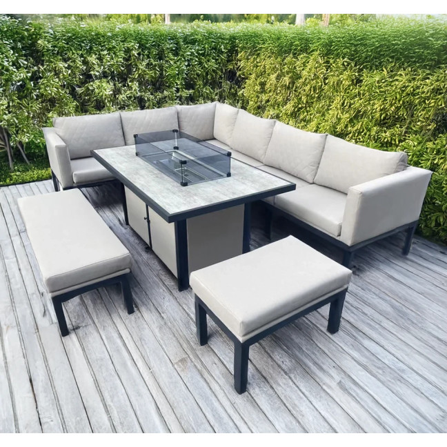 9-seater L-shaped metal garden set with rectangular fire table UK and EU stock