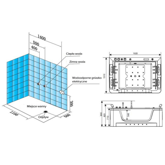 BATHTUB WITH HYDRO-MASSAGE ZEFIR 934 WHITE 192x131 CM