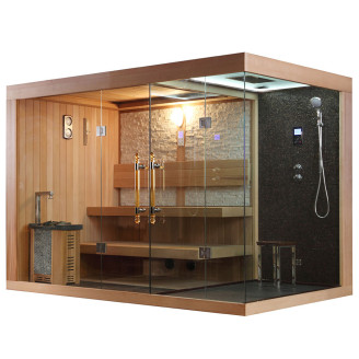 Dry sauna with HARVIA 3 kW stove + Shower cabin with hydromassage and steam function | Natural Wood | Ready to Assemble