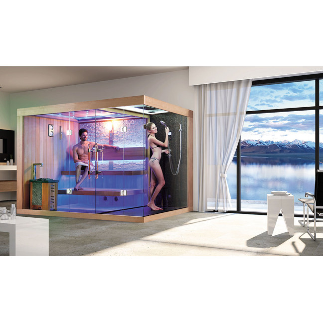 Dry sauna with HARVIA 3 kW stove + Shower cabin with hydromassage and steam function | Natural Wood | Ready to Assemble