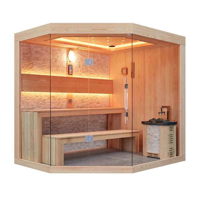 MUE-1251 Dry sauna with HARVIA 6kW heater | Thermo Wood | Panoramic Glass