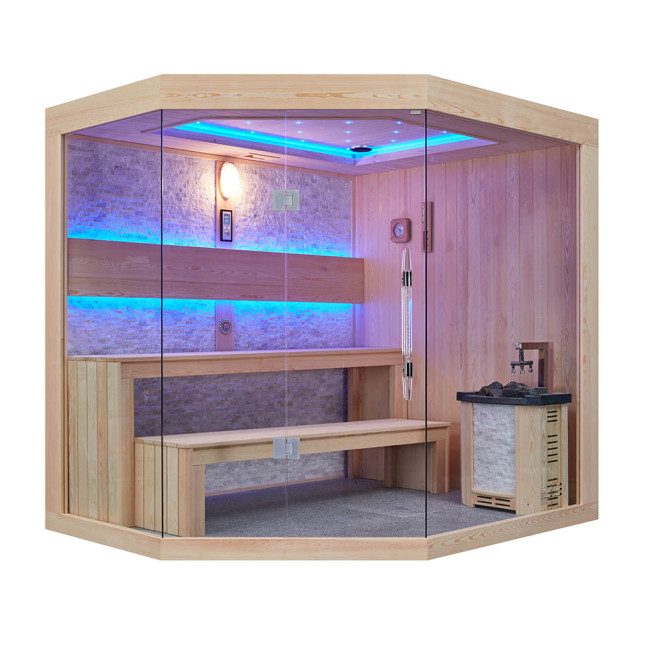MUE-1251 Dry sauna with HARVIA 6kW heater | Thermo Wood | Panoramic Glass