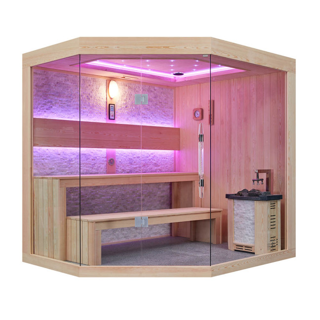 MUE-1251 Dry sauna with HARVIA 6kW heater | Thermo Wood | Panoramic Glass
