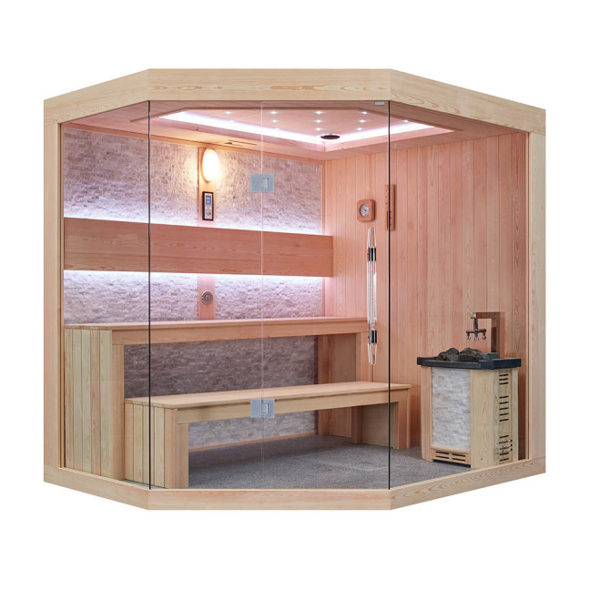 MUE-1251 Dry sauna with HARVIA 6kW heater | Thermo Wood | Panoramic Glass
