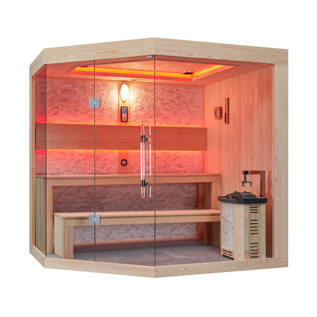MUE-1251 Dry sauna with HARVIA 6kW heater | Thermo Wood | Panoramic Glass