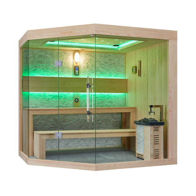 MUE-1251 Dry sauna with HARVIA 6kW heater | Thermo Wood | Panoramic Glass