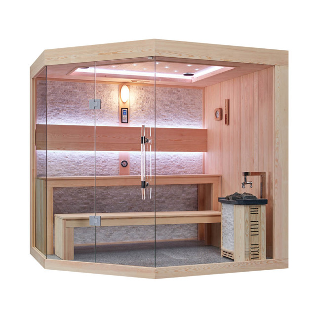 MUE-1251 Dry sauna with HARVIA 6kW heater | Thermo Wood | Panoramic Glass