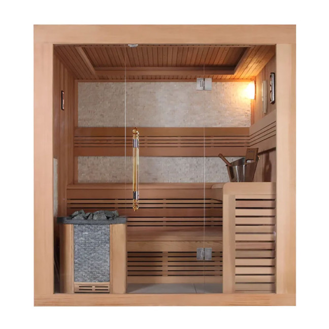 MUE-1241 Dry sauna with HARVIA 6kW heater | Natural Wood | Panoramic Glass