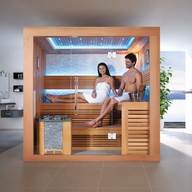 MUE-1241 Dry sauna with HARVIA 6kW heater | Natural Wood | Panoramic Glass