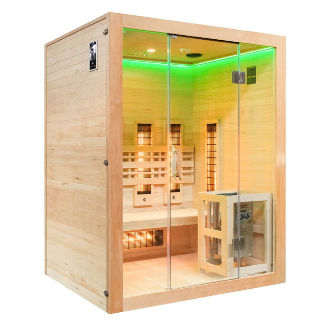 MO-EA3R-M COMBO Infrared/Finnish sauna with HARVIA 4.5 kW heater and salt stonez | Home SPA | Panoramic Glass