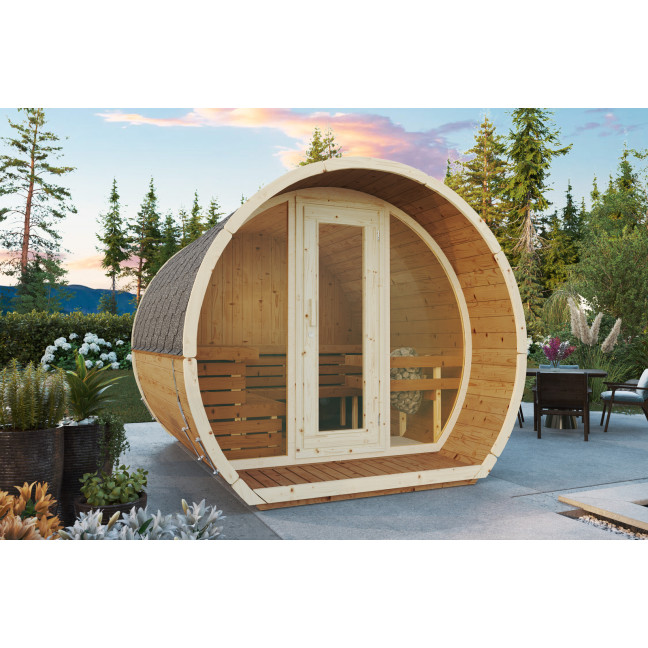 The Susi 280 outdoor sauna for 4-6 people / Electric heating only / High-quality Nordic spruce (Pine Thermal Wood) | Wellness