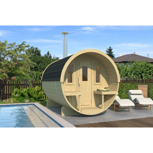 Barrel Sauna 280 Delux (Full Front Glass) Outdoor for 4 persons / Electric or Wood-Burning Heater Harvia 400