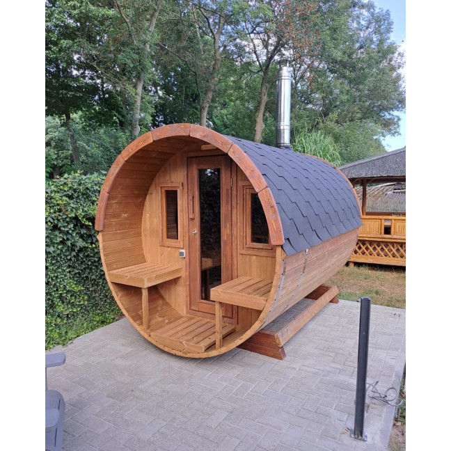 Barrel Sauna 280 Delux (Full Front Glass) Outdoor for 4 persons / Electric or Wood-Burning Heater Harvia 400