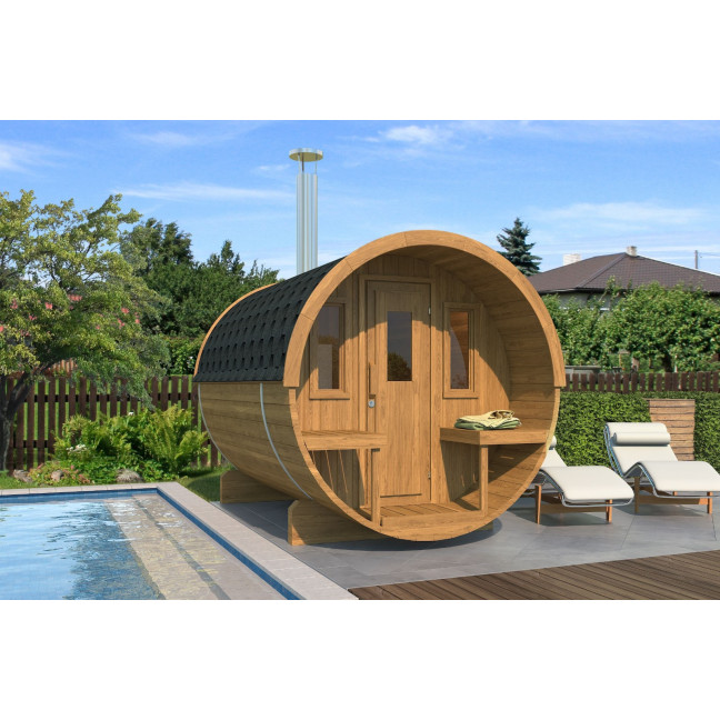 Barrel Sauna 280 Delux (Full Front Glass) Outdoor for 4 persons / Electric or Wood-Burning Heater Harvia 400