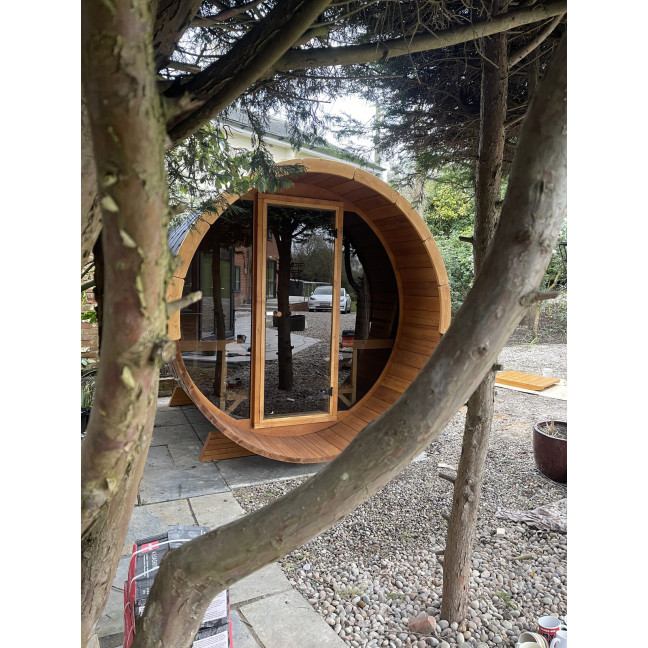 Barrel Sauna 280 Delux (Full Front Glass) Outdoor for 4 persons / Electric or Wood-Burning Heater Harvia 400