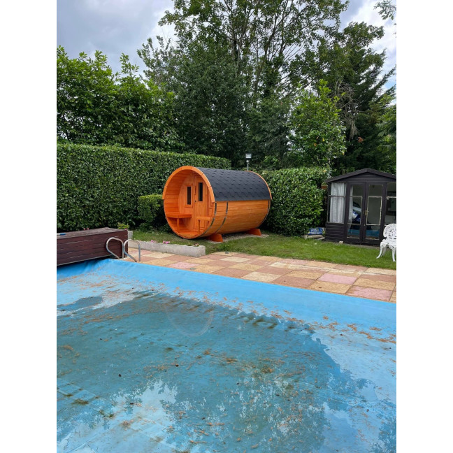 Barrel Sauna 280 Delux (Full Front Glass) Outdoor for 4 persons / Electric or Wood-Burning Heater Harvia 400
