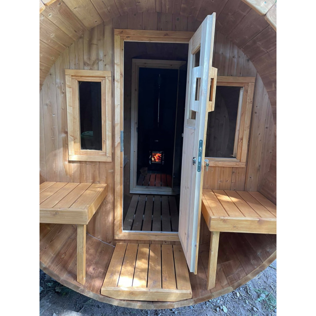 Barrel Sauna 400 Delux (Half-Moon Glass) Outdoor for 4 persons / Electric or Wood-Burning Heater Harvia 400 / High-Quality