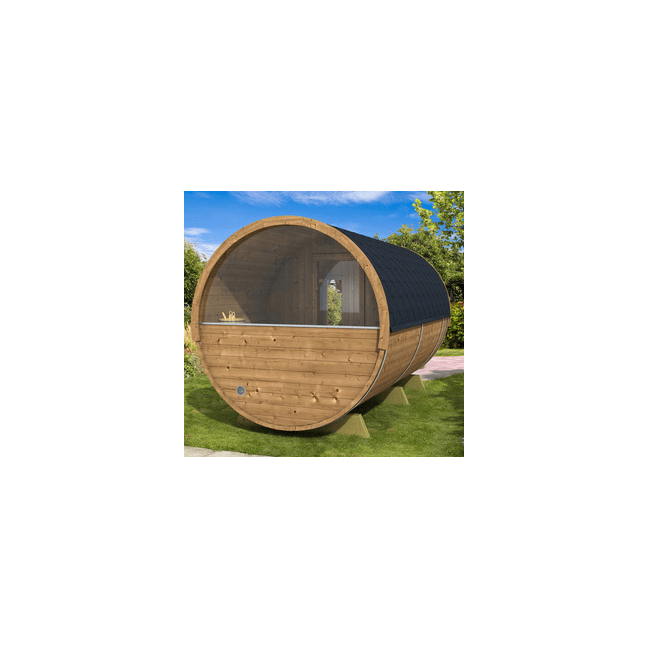 Barrel Sauna 400 Delux (Half-Moon Glass) Outdoor for 4 persons / Electric or Wood-Burning Heater Harvia 400 / High-Qualit