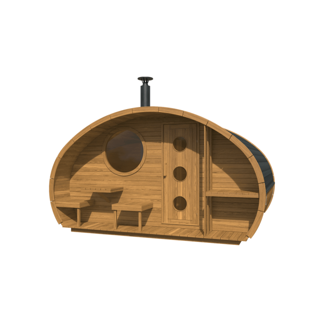 Oval Sauna Frodo 300 Outdoor for 8 people / Electric or Wood Burning Harvia Stove / High Quality Heat Treated Spruce
