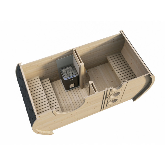 Oval Sauna Frodo 195 Outdoor for 8 people / Electric or Wood Burning Harvia Stove / High Quality Heat Treated Spruce