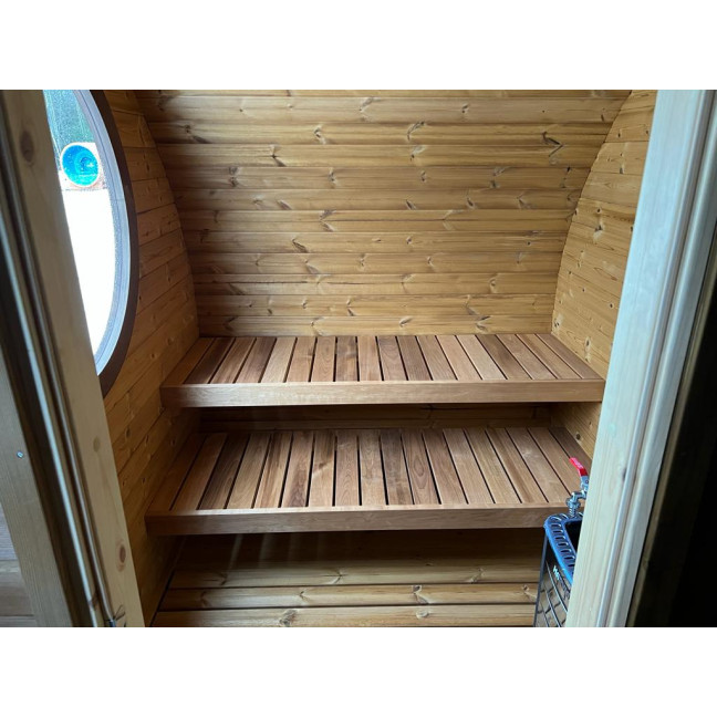 Oval Sauna Frodo 195 Outdoor for 8 people / Electric or Wood Burning Harvia Stove / High Quality Heat Treated Spruce