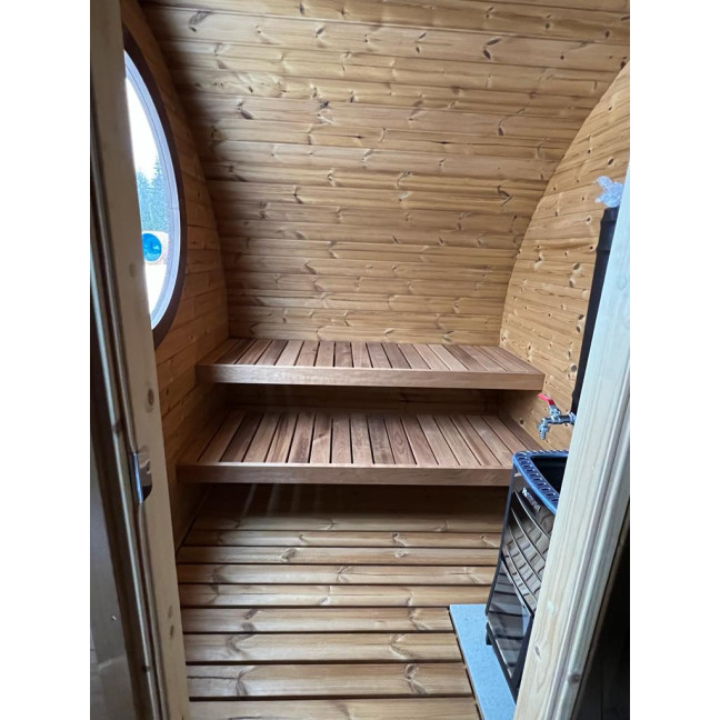 Oval Sauna Frodo 195 Outdoor for 8 people / Electric or Wood Burning Harvia Stove / High Quality Heat Treated Spruce