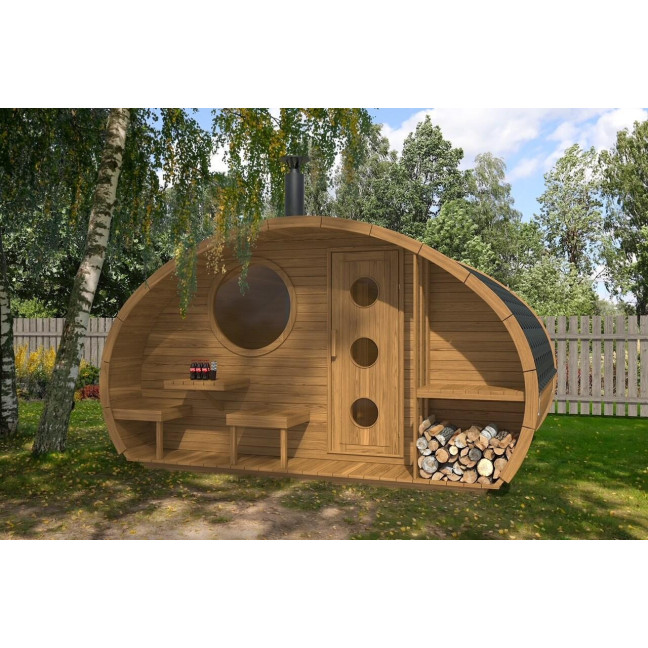 Oval Sauna Frodo 300 Outdoor for 8 people / Electric or Wood Burning Harvia Stove / High Quality Heat Treated Spruce