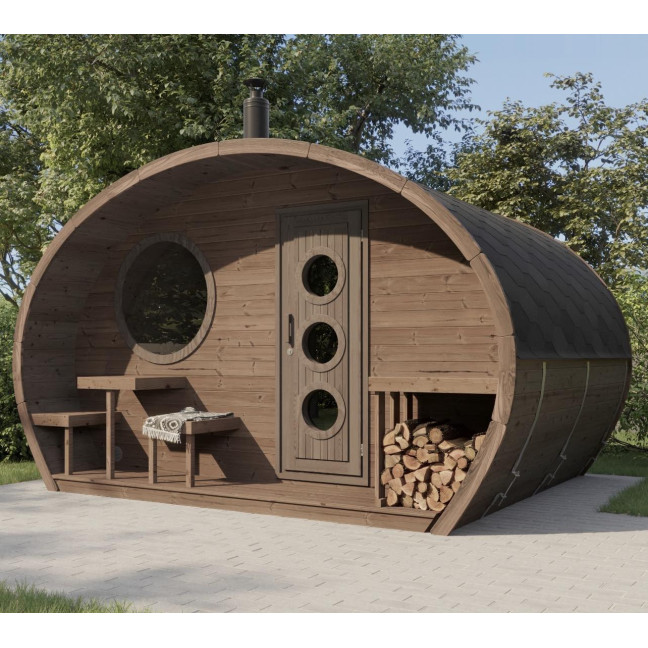 Oval Sauna Frodo 300 Outdoor for 8 people / Electric or Wood Burning Harvia Stove / High Quality Heat Treated