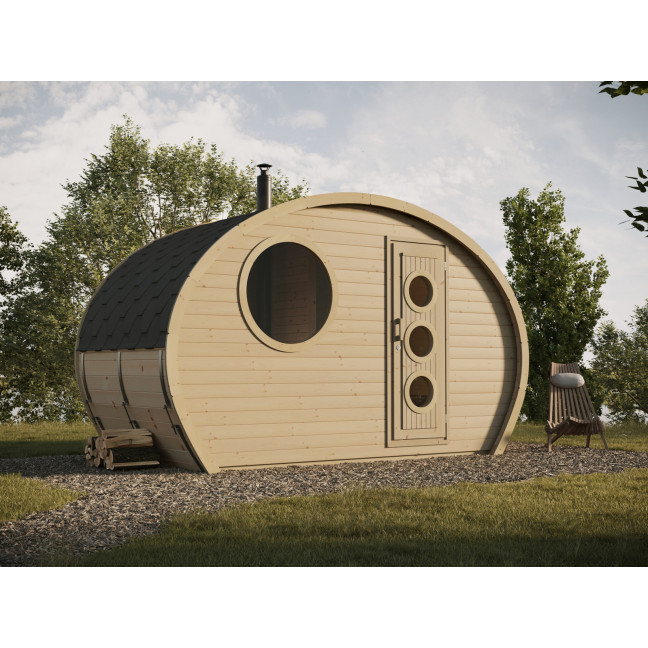 Oval Sauna Frodo 195 Outdoor for 8 people / Electric or Wood Burning Harvia Stove / High Quality Heat Treated Spruce