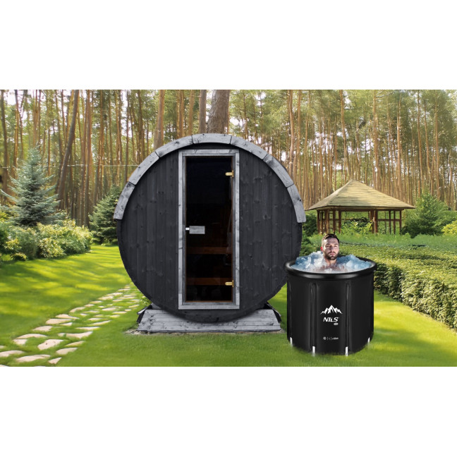Outdoor Terrace Sauna Black Easter Edition + Ice Tub / Harvia Electric Stove or WIFI Stove / High Quality Scandinavian Spruce
