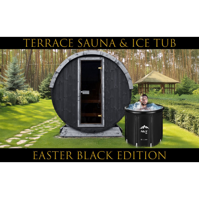 Outdoor Terrace Sauna Black Easter Edition + Ice Tub / Harvia Electric Stove or WIFI Stove / High Quality Scandinavian Spruce