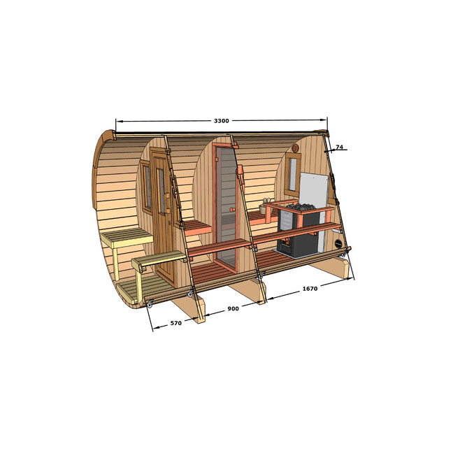 Barrel Sauna 330 with Terrace for 4 people / Electric or Wood-Burning Harvia Stove / High quality Spruce (Thermowood)