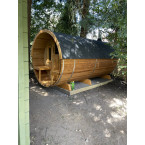 Barrel Sauna 330 with Terrace for 4 people / Electric or Wood-Burning Harvia Stove / High quality Spruce (Thermowood)