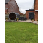 Barrel Sauna 330 with Terrace for 4 people / Electric or Wood-Burning Harvia Stove / High quality Spruce (Thermowood)