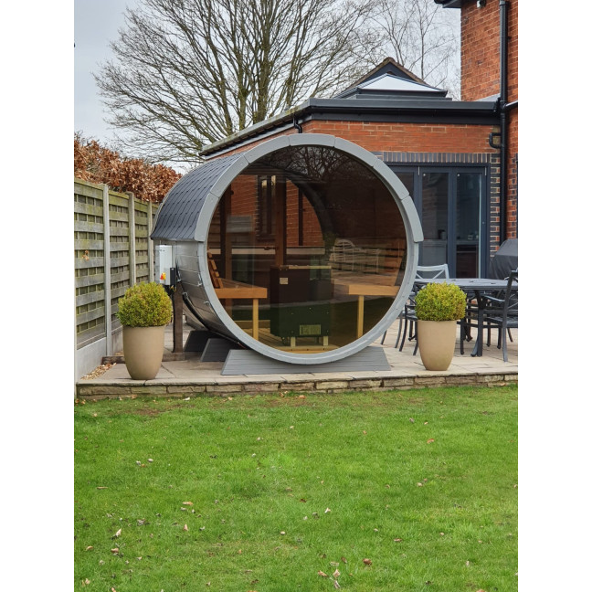 Barrel Sauna 330 with Terrace for 4 people / Electric or Wood-Burning Harvia Stove / High quality Scandinavian Spruce