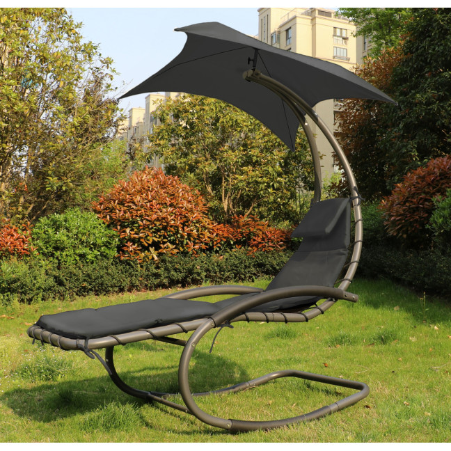Beach Lounger Garden Chair | Lounge chair with canopy, hammock for balcony or patio Beige/Grey | Garden hammock on a stand