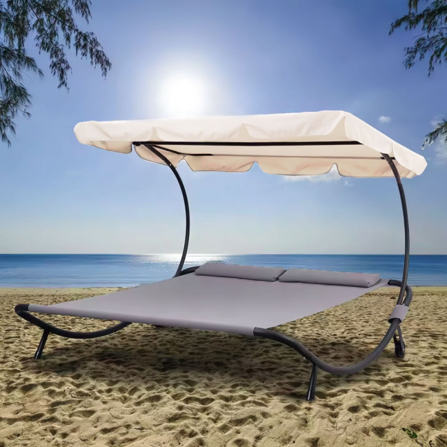 Double Garden Lounger | Beach lounger with adjustable canopy hammock for patio balcony Grey | Garden hammock on a stand