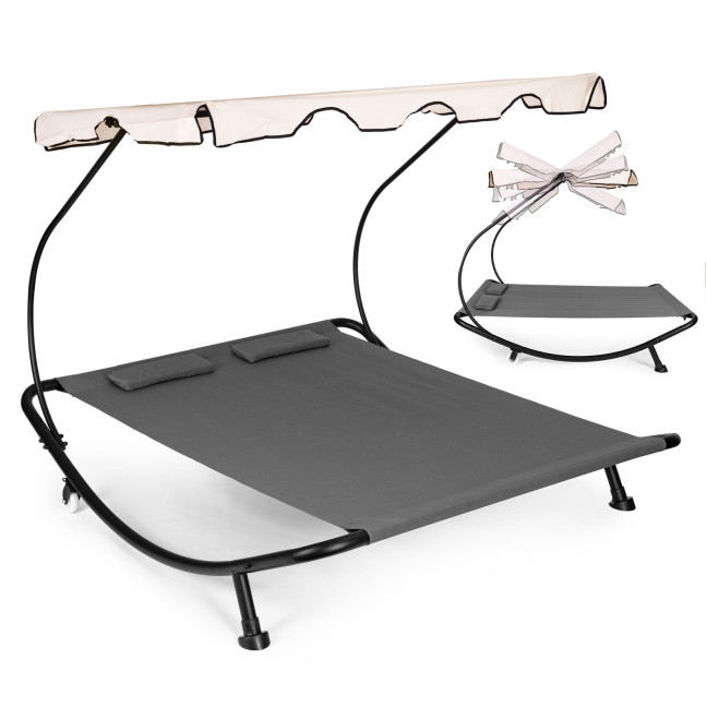 Double Garden Lounger | Beach lounger with adjustable canopy hammock for patio balcony Grey | Garden hammock on a stand