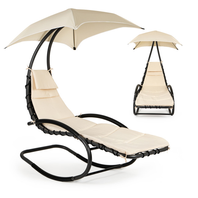 Beach Lounger Garden Chair | Lounge chair with canopy, hammock for balcony or patio Beige/Grey | Garden hammock on a stand