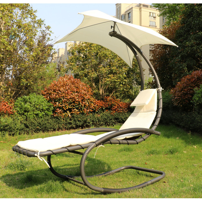 Beach Lounger Garden Chair | Lounge chair with canopy, hammock for balcony or patio Beige/Grey | Garden hammock on a stand