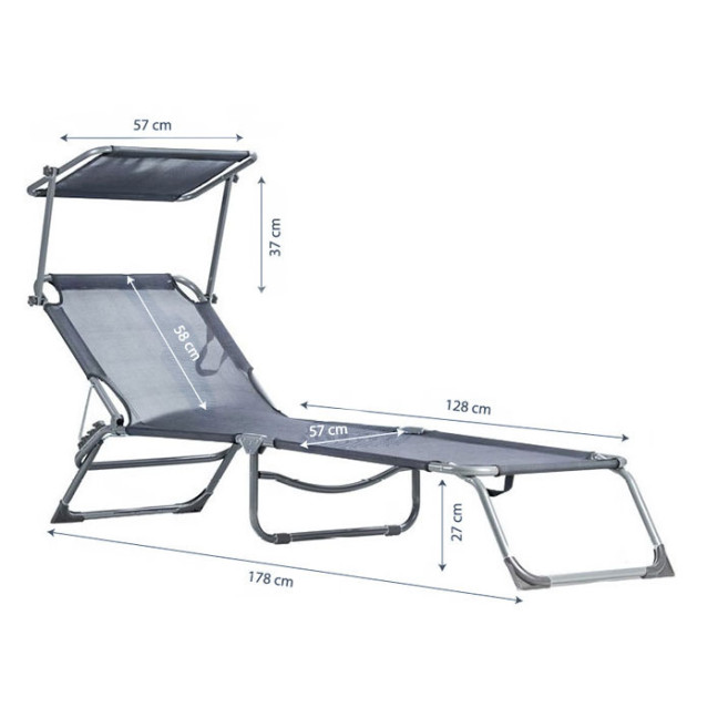 Folding Garden Lounge Chair for Balcony | Lounger with adjustable canopy Black/Grey