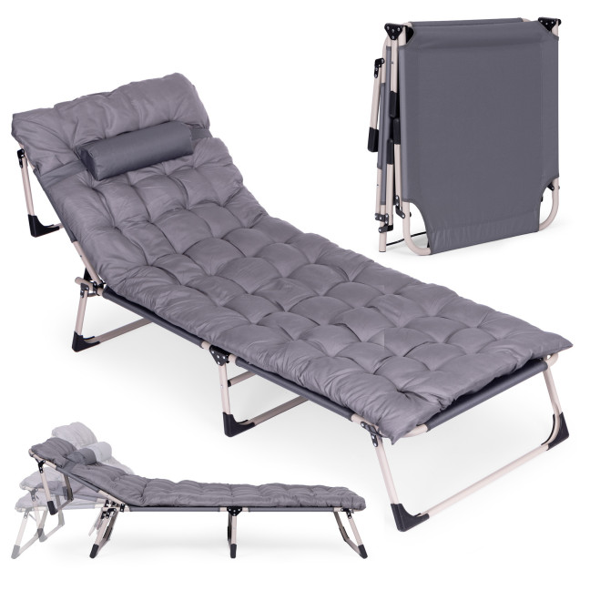 Fishing Garden Lounger | Folding lounger with mattress and cushion for patio or balcony Grey | Garden furniture, relaxation