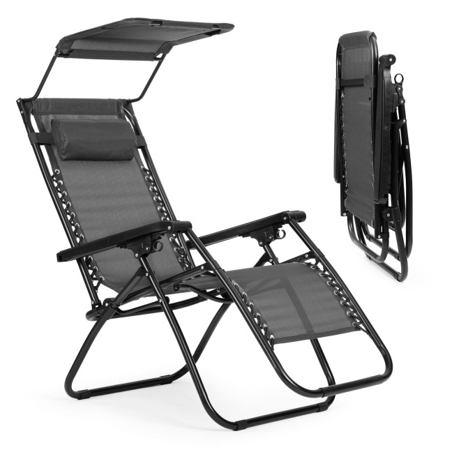 Beach Garden Lounger | Adjustable backrest with movable canopy for patio or balcony Beige/Grey/Blue | Garden furniture