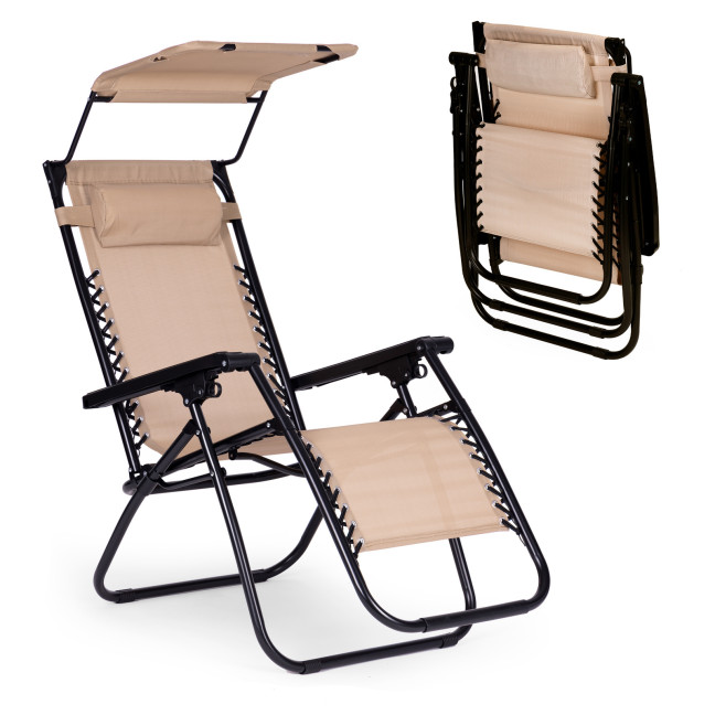 Beach Garden Lounger | Adjustable backrest with movable canopy for patio or balcony Beige/Grey/Blue | Garden furniture