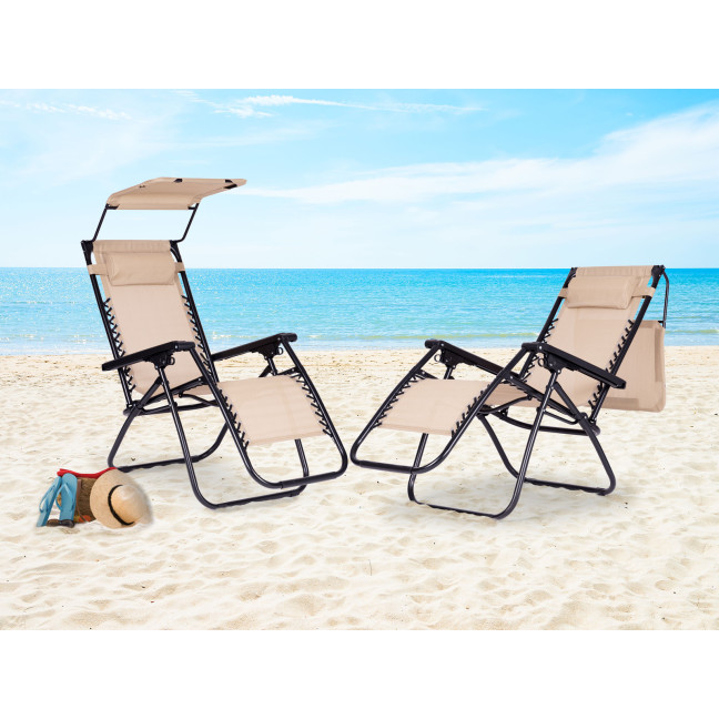 Beach Garden Lounger | Adjustable backrest with movable canopy for patio or balcony Beige/Grey/Blue | Garden furniture