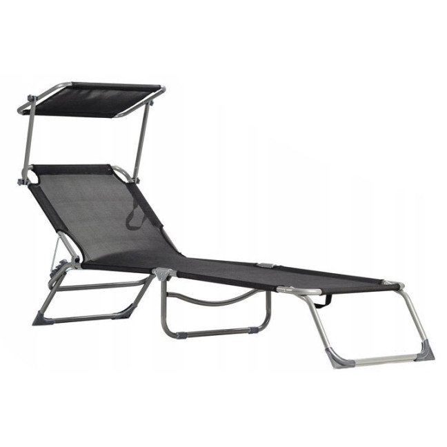 Folding Garden Lounge Chair for Balcony | Lounger with adjustable canopy Black/Grey | Comfortable garden chair