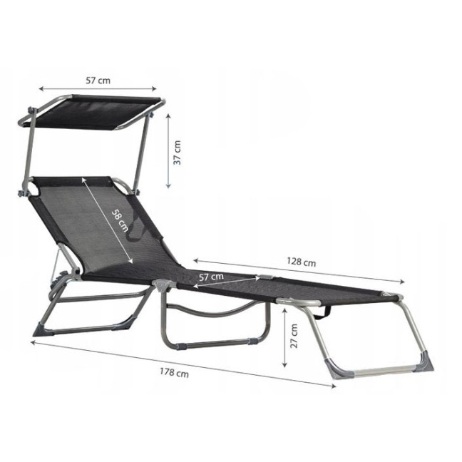 Folding Garden Lounge Chair for Balcony | Lounger with adjustable canopy Black/Grey | Comfortable garden chair