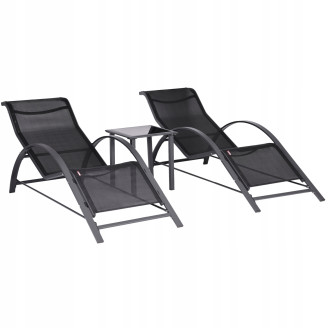 Garden Lounger Set with Side Table | Loungers with side table for patio or balcony Black/Grey | Garden table
