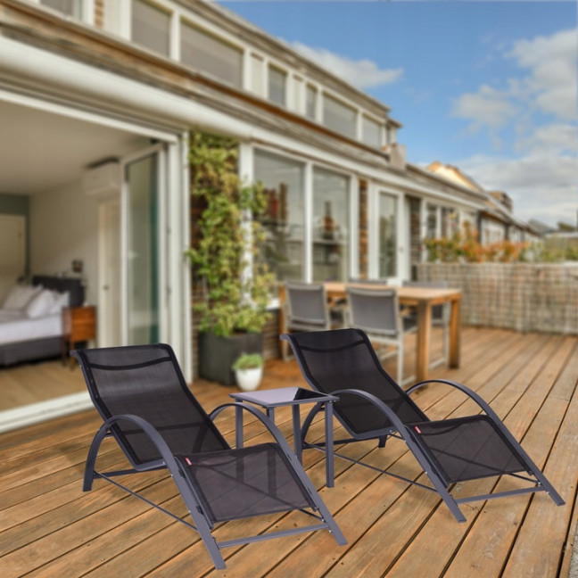 Garden Lounger Set with Side Table | Loungers with side table for patio or balcony Black/Grey | Garden table